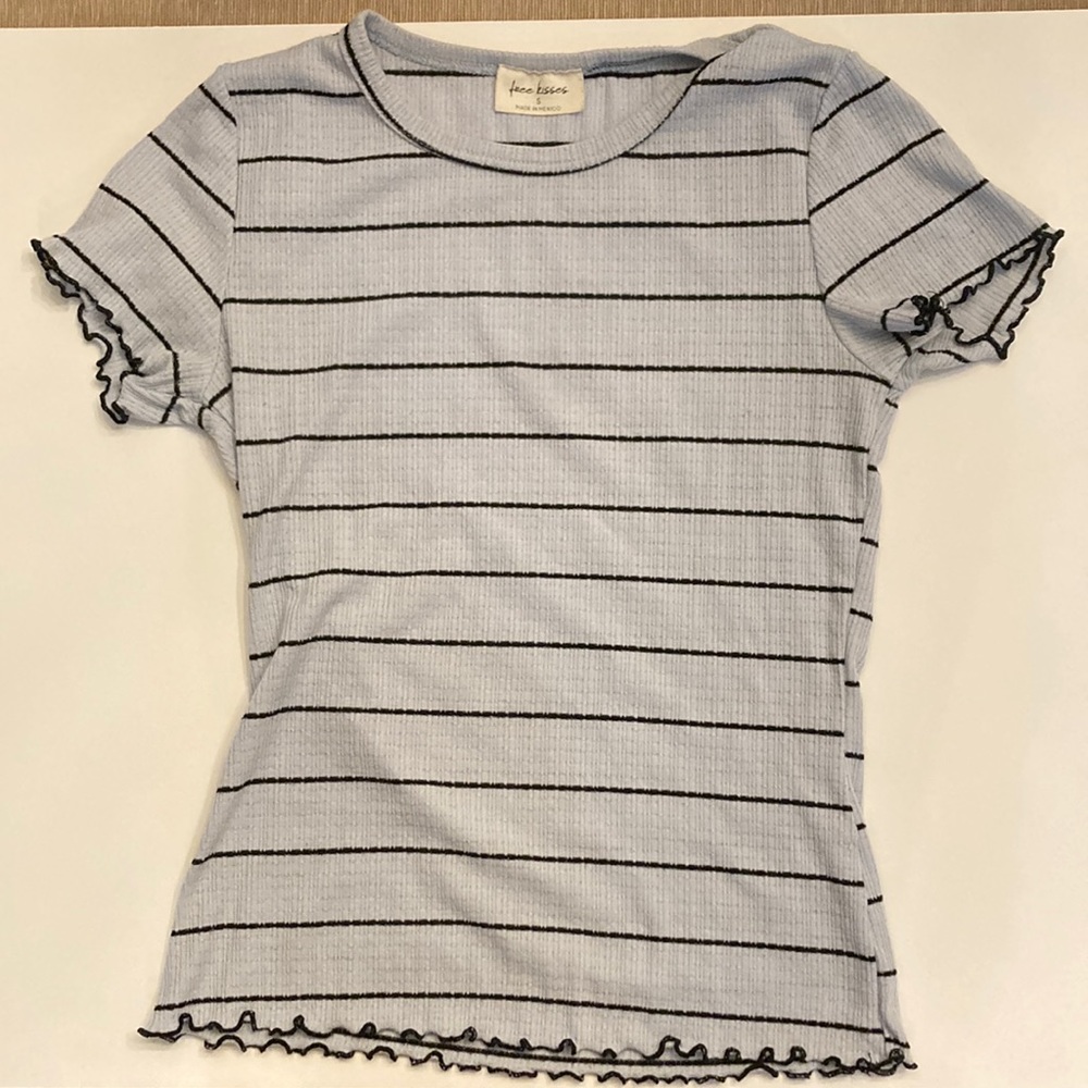 Blue and black striped top size small 63% polyester 51% rayon 5%crandex
